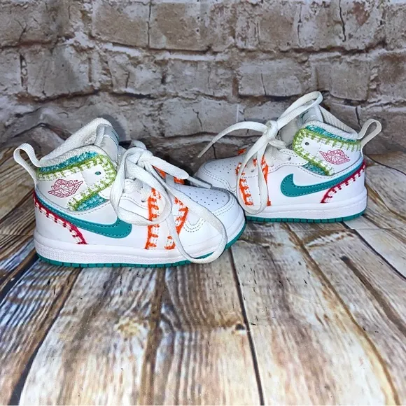 Nike Air Jordan 1 Mid SE TD Shoes Toddler SZ 5C White/teal/pink DM6220-100