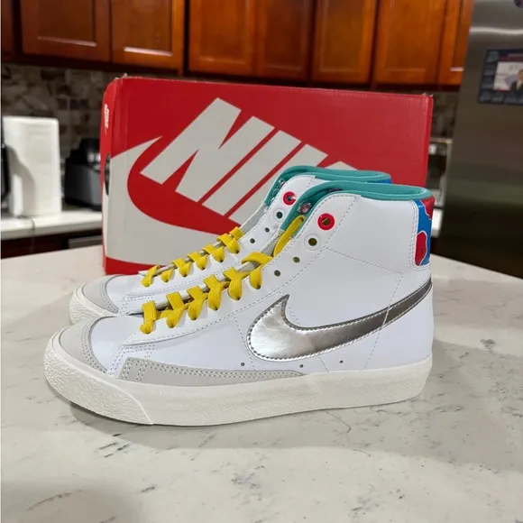 Nike Blazer Mid '77 (GS) Big Kids' Shoes White Metallic Silver DQ7773-100