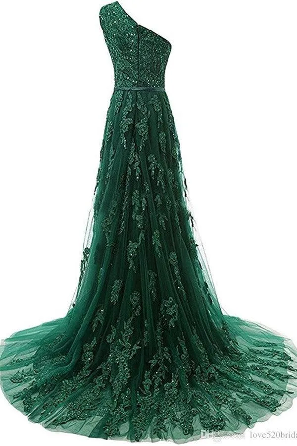 One-Shoulder Dark Green Tulle Prom Dress With Appliques Beading TP0021