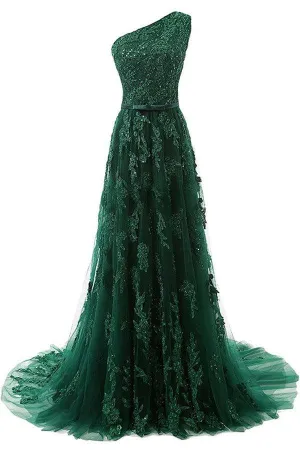 One-Shoulder Dark Green Tulle Prom Dress With Appliques Beading TP0021