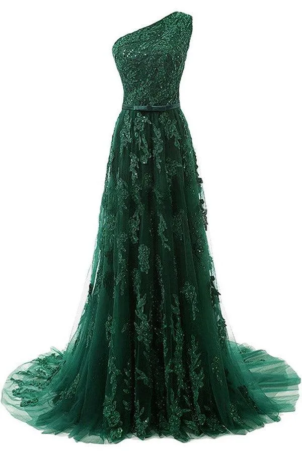 One-Shoulder Dark Green Tulle Prom Dress With Appliques Beading TP0021