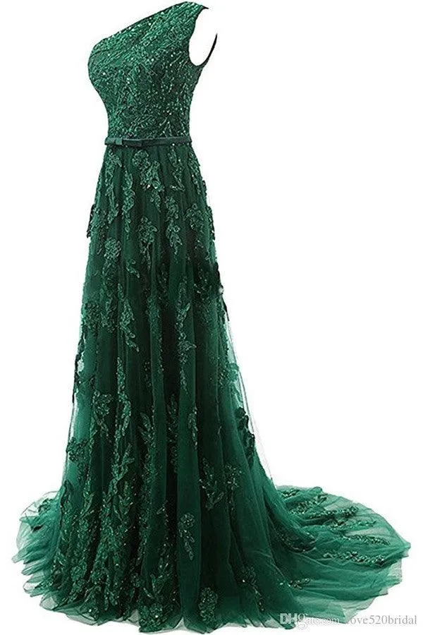 One-Shoulder Dark Green Tulle Prom Dress With Appliques Beading TP0021