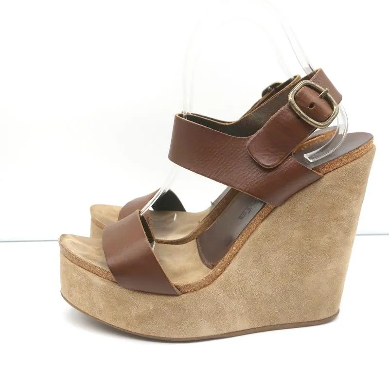 Pedro Garcia Platform Wedge Sandals Brown Leather Size 40 Ankle Strap Heels