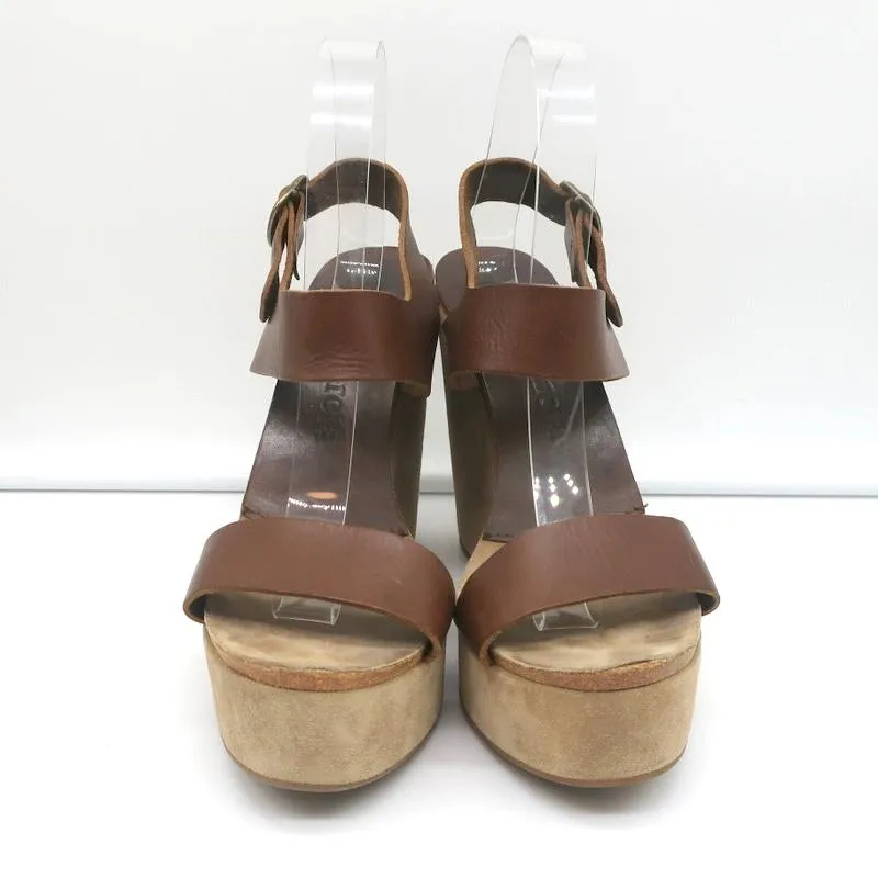 Pedro Garcia Platform Wedge Sandals Brown Leather Size 40 Ankle Strap Heels
