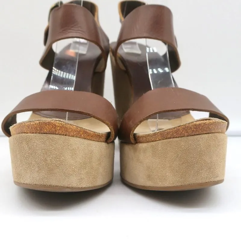 Pedro Garcia Platform Wedge Sandals Brown Leather Size 40 Ankle Strap Heels