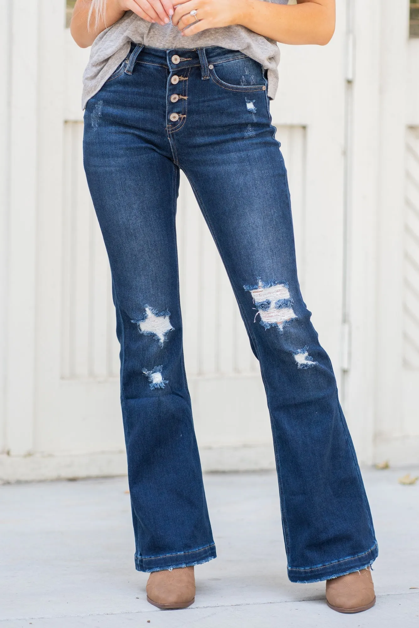 Petite Downey Mid Rise Button Fly Flare