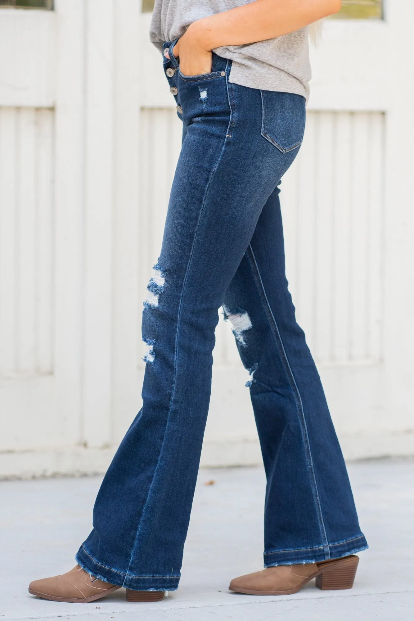 Petite Downey Mid Rise Button Fly Flare
