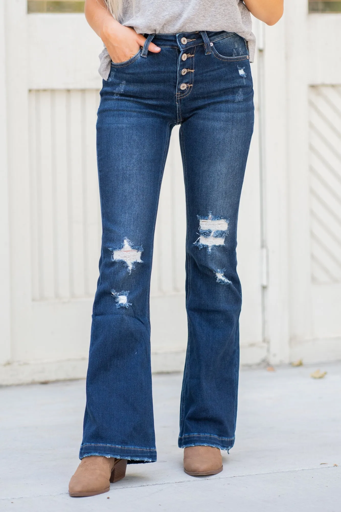 Petite Downey Mid Rise Button Fly Flare