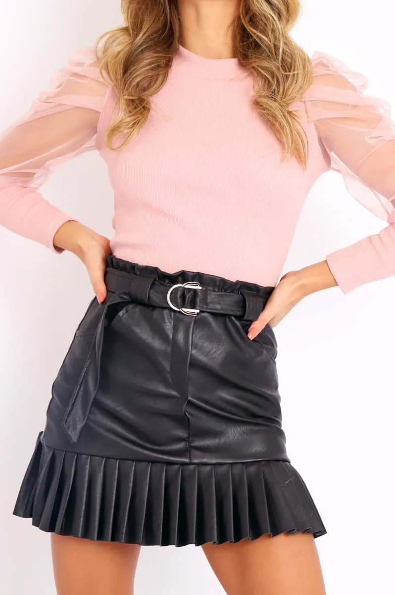 Pink Net Puff Sleeve Ribbed Top - Aarvi