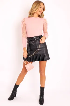 Pink Net Puff Sleeve Ribbed Top - Aarvi