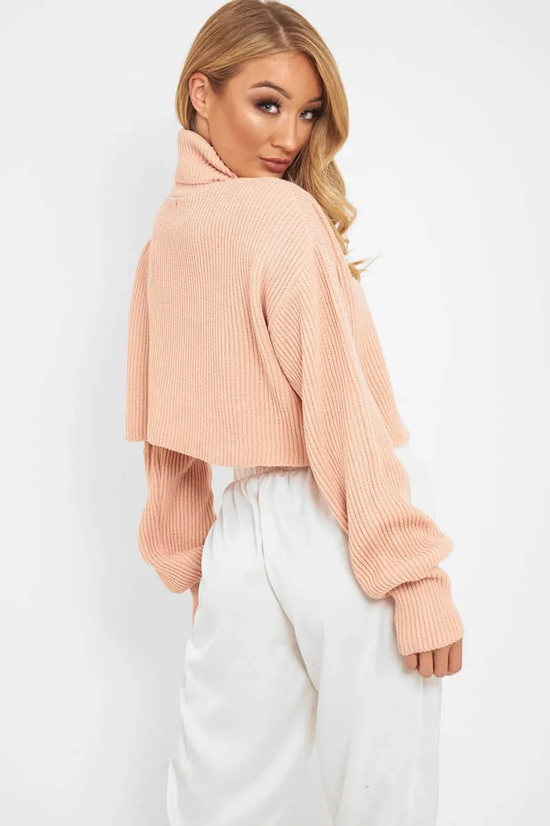Pink Rib Knit Roll Neck Jumper - Brinna