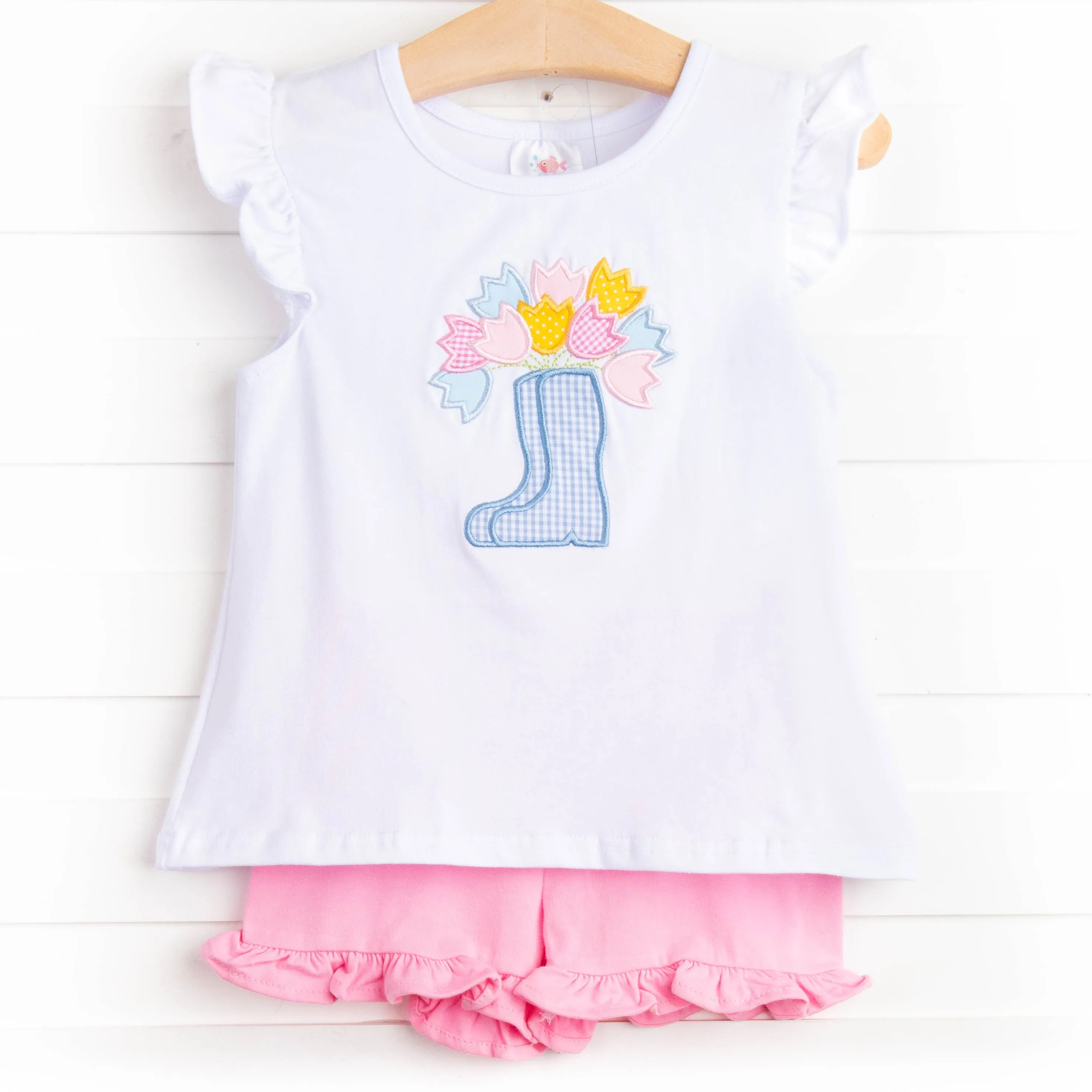 Rain Showers and Flowers Applique Short Set, Pink