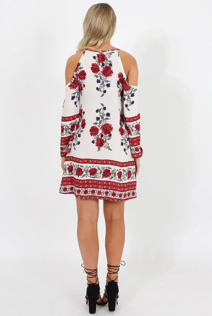 Red Floral Print Cold Shoulder Dress - Penelope