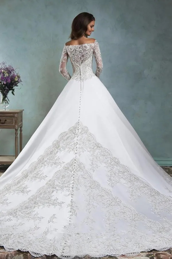 Satin Lace Applique Wedding Dress Off The Shoulder Long Sleeve Jacket TN0075