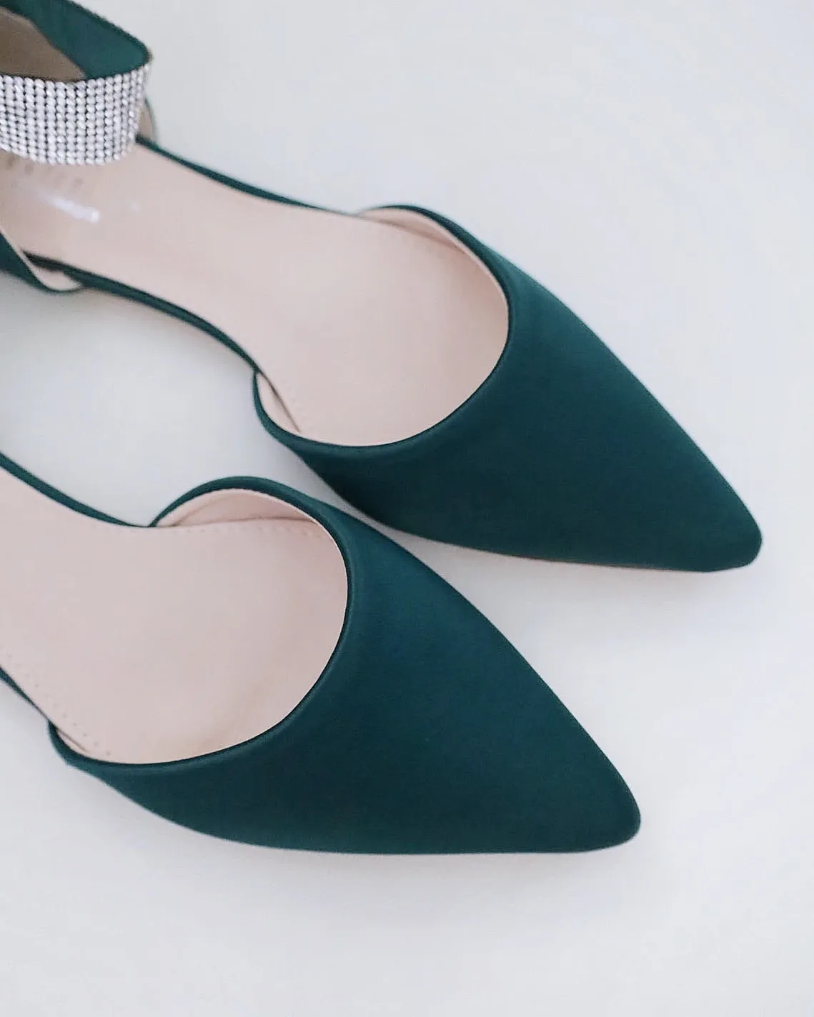 Satin Pointy Toe Evening Flats with Rhinestones Strap