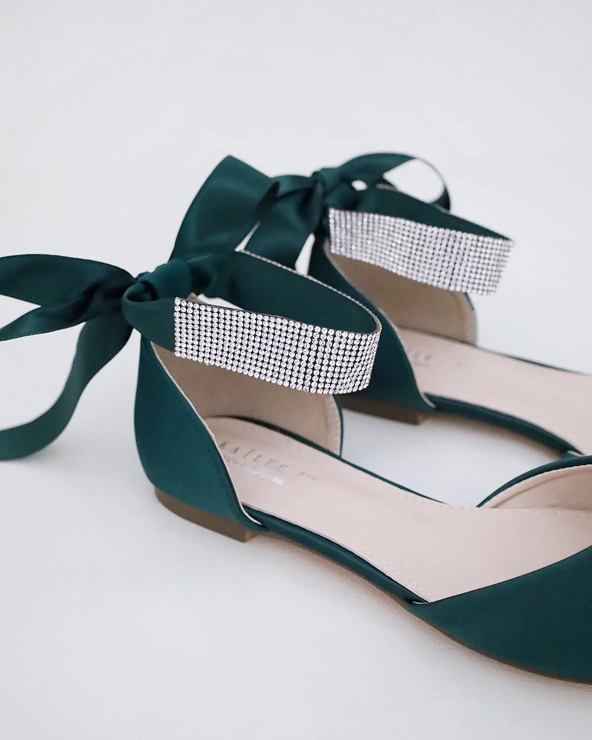 Satin Pointy Toe Evening Flats with Rhinestones Strap