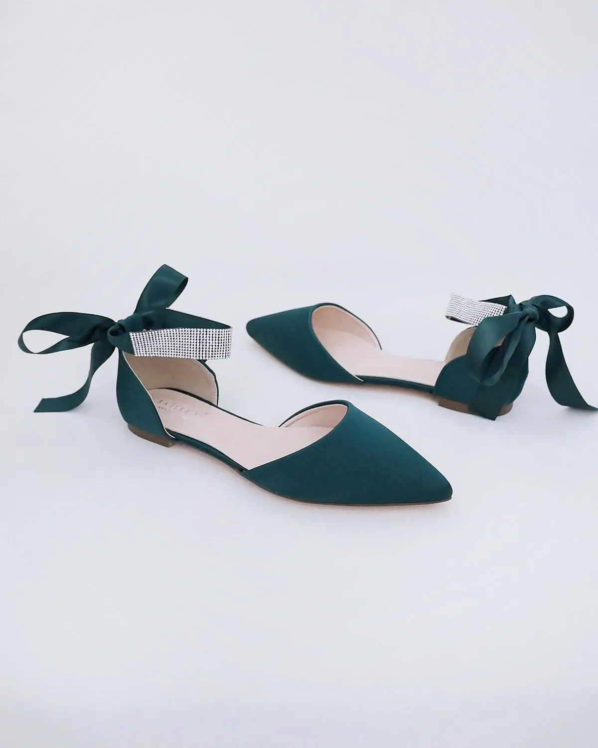 Satin Pointy Toe Evening Flats with Rhinestones Strap