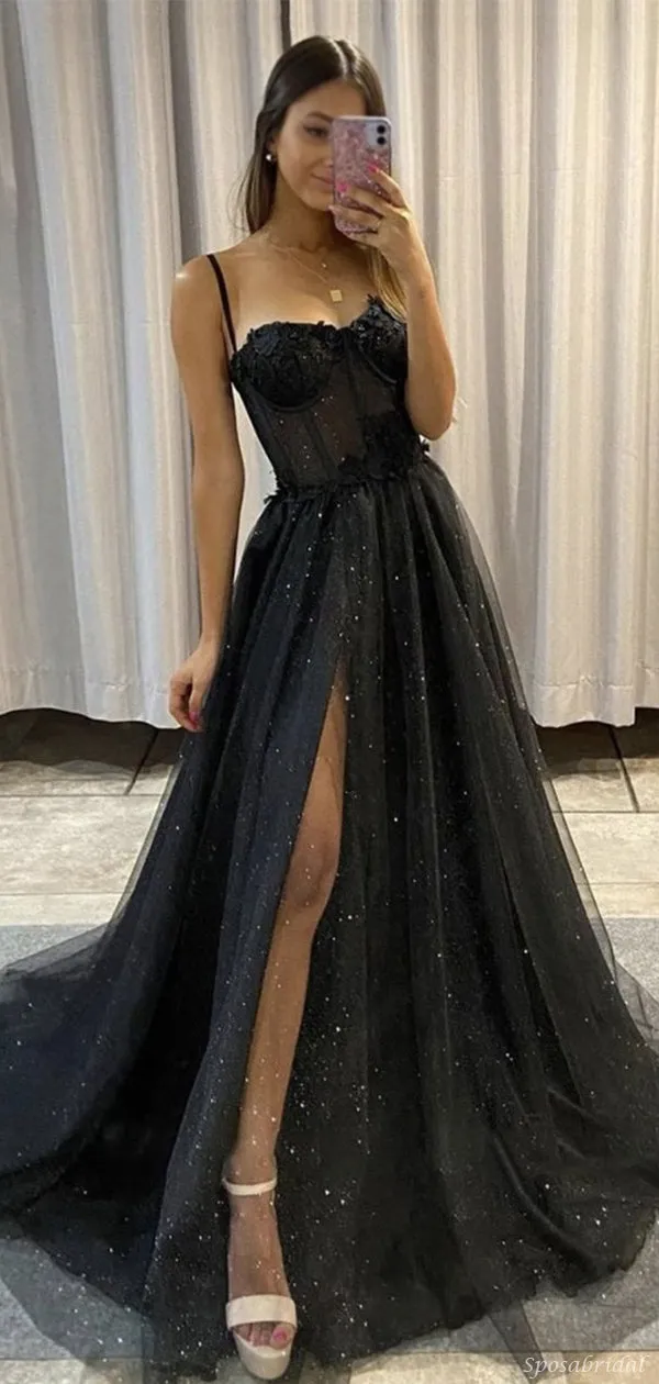 Sexy Black Spaghetti Straps Lace Top A-line Side-slit Sparkly Long Prom Dress, PD3297