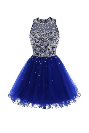 Short Tulle Beading Royal Blue Homecoming Dress Prom Gown  PG037
