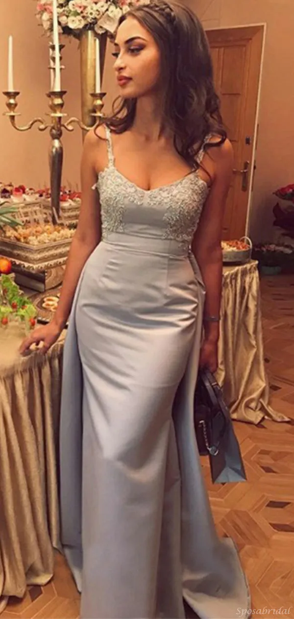 Spaghetti Strap Grey Mermaid Lace Top Long Prom Dress, PD3270