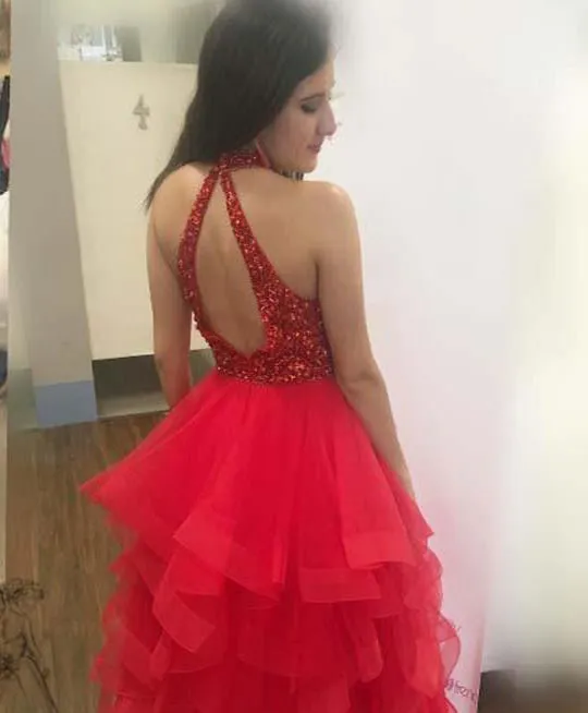 Stunning Open Back Red Halter Top Sequin Sleeveless Asymmetrical Long Prom Dress, M234