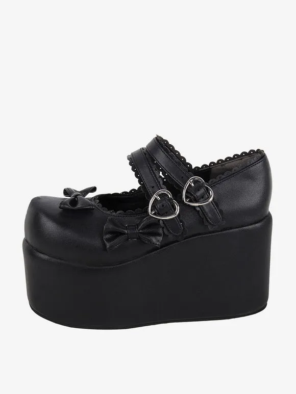Sweet Lolita Footwear White Bows Round Toe PU Leather Lolita Pumps