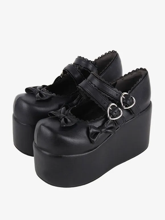 Sweet Lolita Footwear White Bows Round Toe PU Leather Lolita Pumps