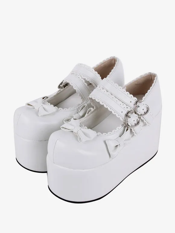 Sweet Lolita Footwear White Bows Round Toe PU Leather Lolita Pumps