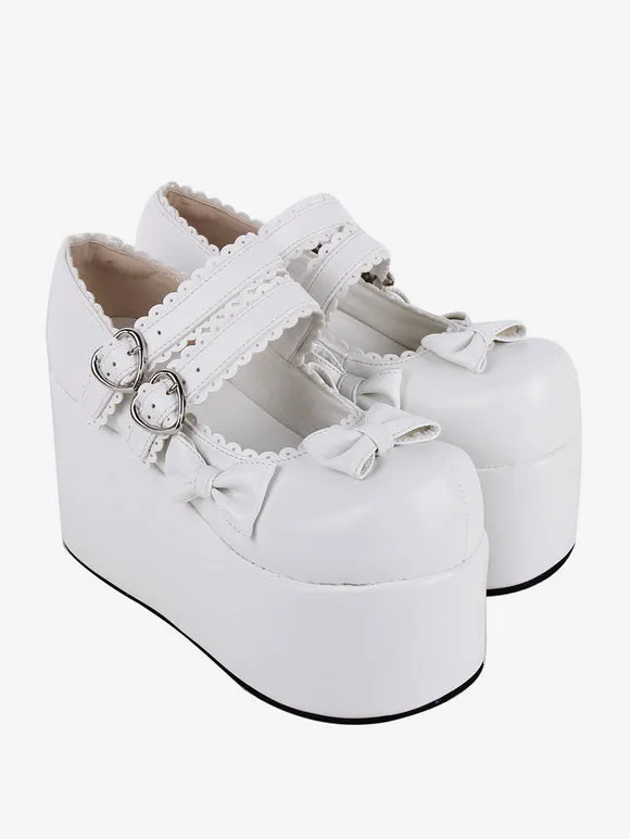 Sweet Lolita Footwear White Bows Round Toe PU Leather Lolita Pumps