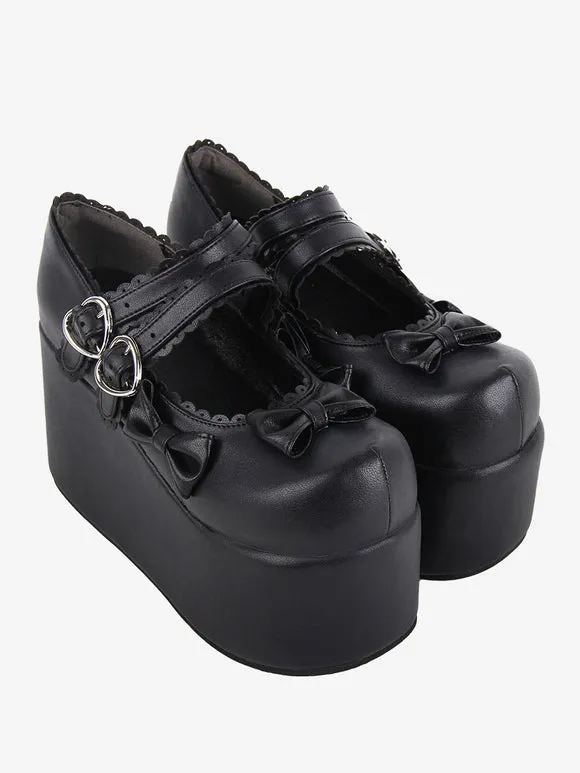Sweet Lolita Footwear White Bows Round Toe PU Leather Lolita Pumps