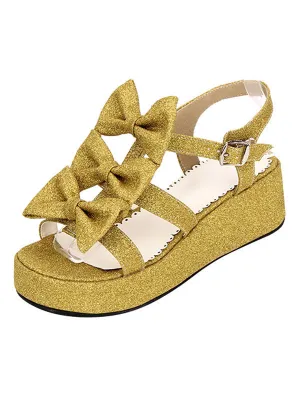 Sweet Lolita Shoes Open Toe Wedge Heel PU Bows Flat White Lolita Sandals