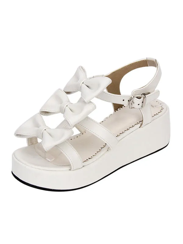 Sweet Lolita Shoes Open Toe Wedge Heel PU Bows Flat White Lolita Sandals
