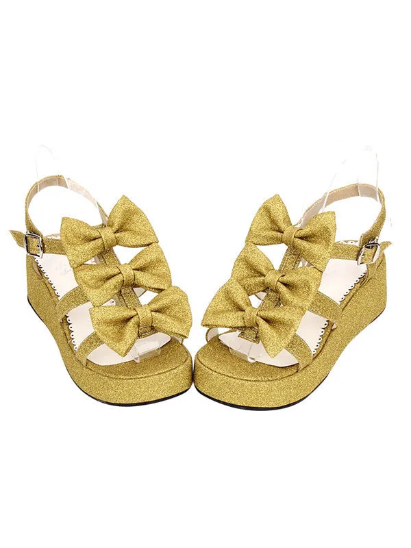 Sweet Lolita Shoes Open Toe Wedge Heel PU Bows Flat White Lolita Sandals