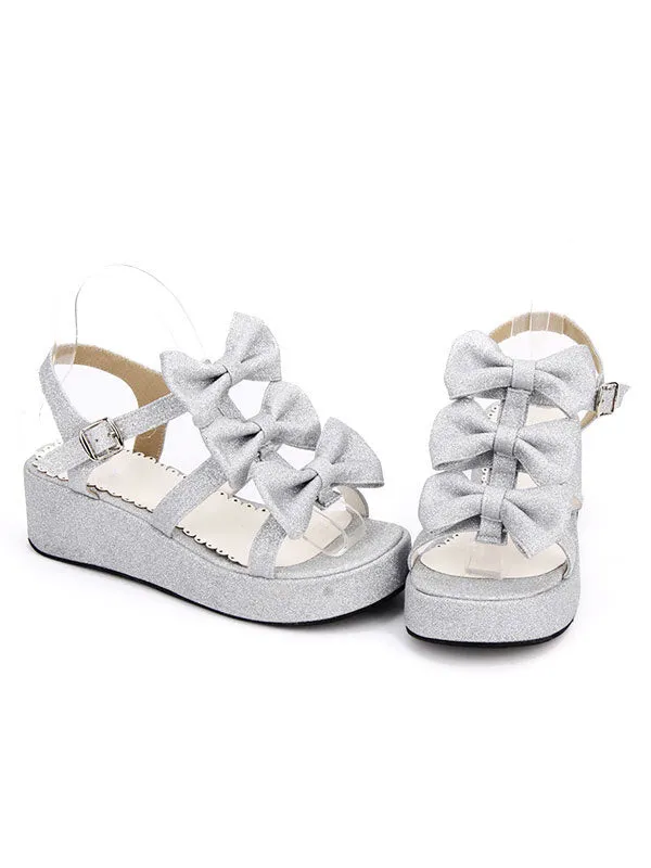 Sweet Lolita Shoes Open Toe Wedge Heel PU Bows Flat White Lolita Sandals