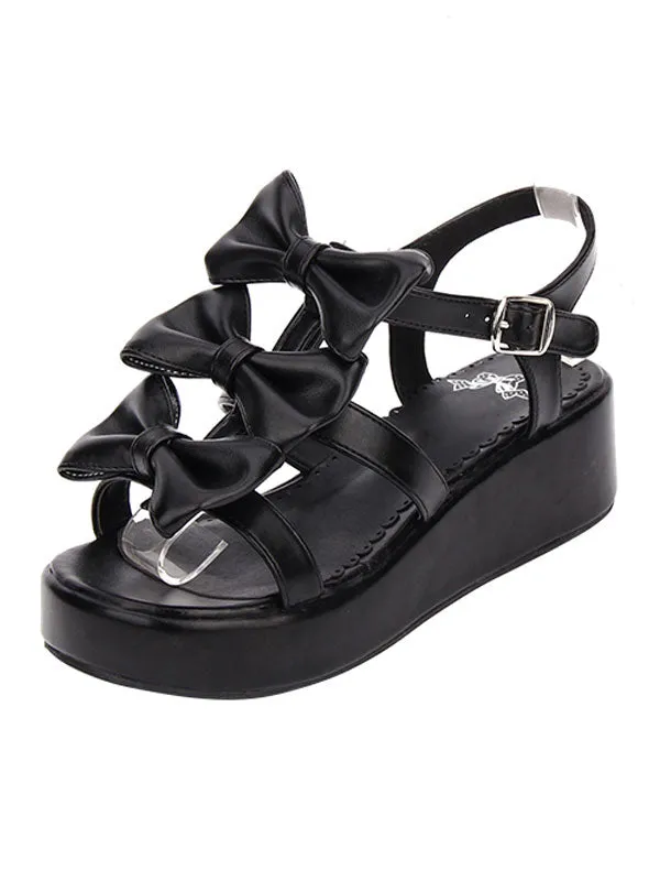 Sweet Lolita Shoes Open Toe Wedge Heel PU Bows Flat White Lolita Sandals