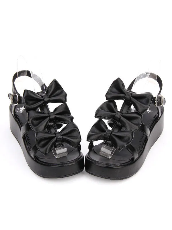 Sweet Lolita Shoes Open Toe Wedge Heel PU Bows Flat White Lolita Sandals
