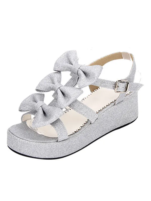 Sweet Lolita Shoes Open Toe Wedge Heel PU Bows Flat White Lolita Sandals
