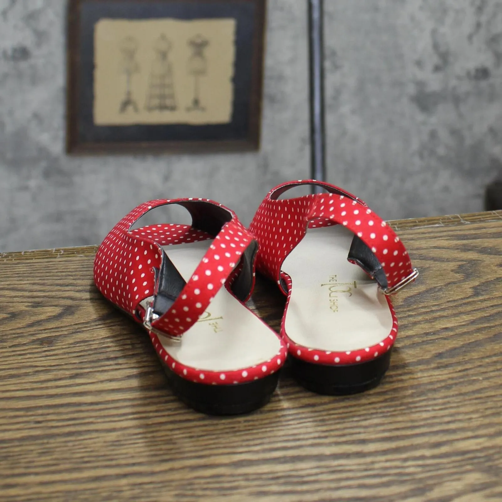 The Tog Shop Womens Vintage Open Toe Flats with Strap Red White Polka Dot 6M