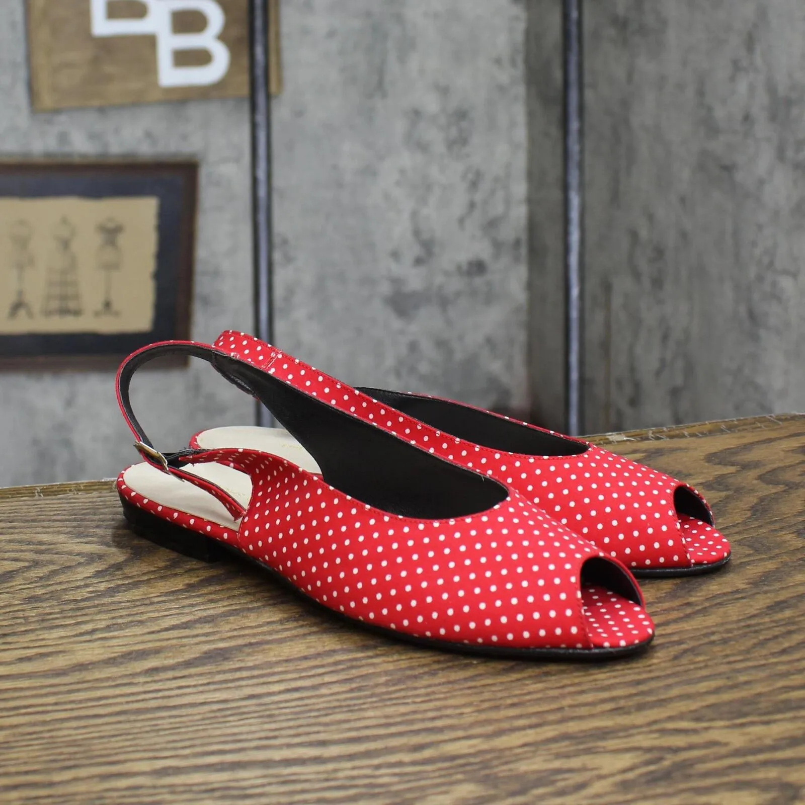 The Tog Shop Womens Vintage Open Toe Flats with Strap Red White Polka Dot 6M