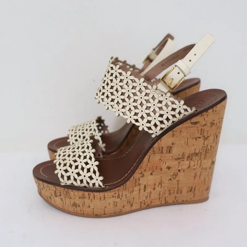 Tory Burch Cork Platform Wedge Sandals Cream Daisy Cutout Leather Size 6.5