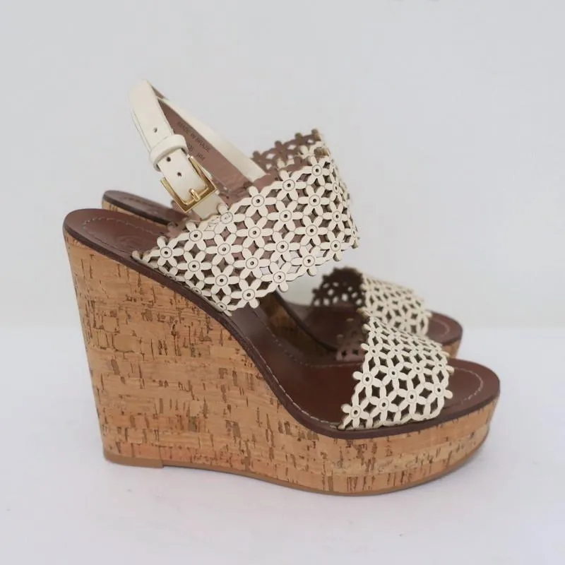Tory Burch Cork Platform Wedge Sandals Cream Daisy Cutout Leather Size 6.5