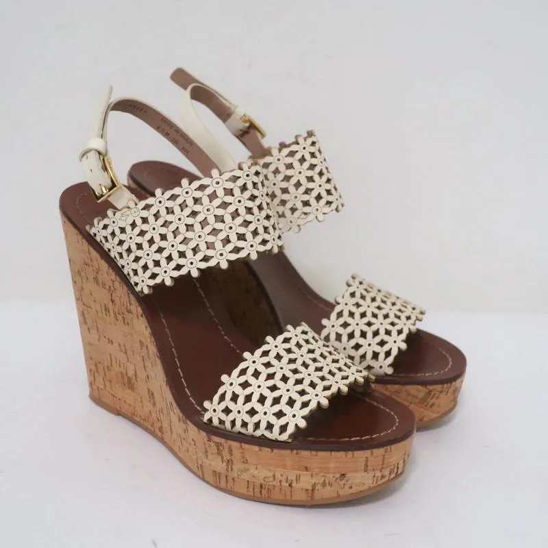 Tory Burch Cork Platform Wedge Sandals Cream Daisy Cutout Leather Size 6.5