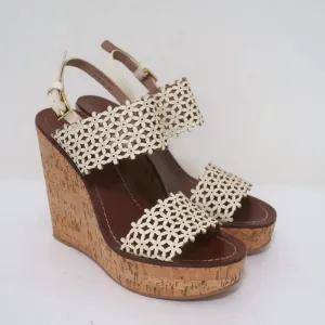 Tory Burch Cork Platform Wedge Sandals Cream Daisy Cutout Leather Size 6.5