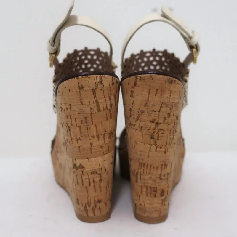 Tory Burch Cork Platform Wedge Sandals Cream Daisy Cutout Leather Size 6.5