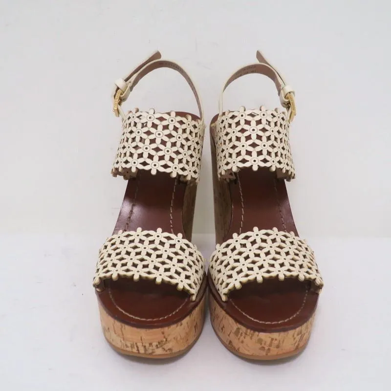 Tory Burch Cork Platform Wedge Sandals Cream Daisy Cutout Leather Size 6.5