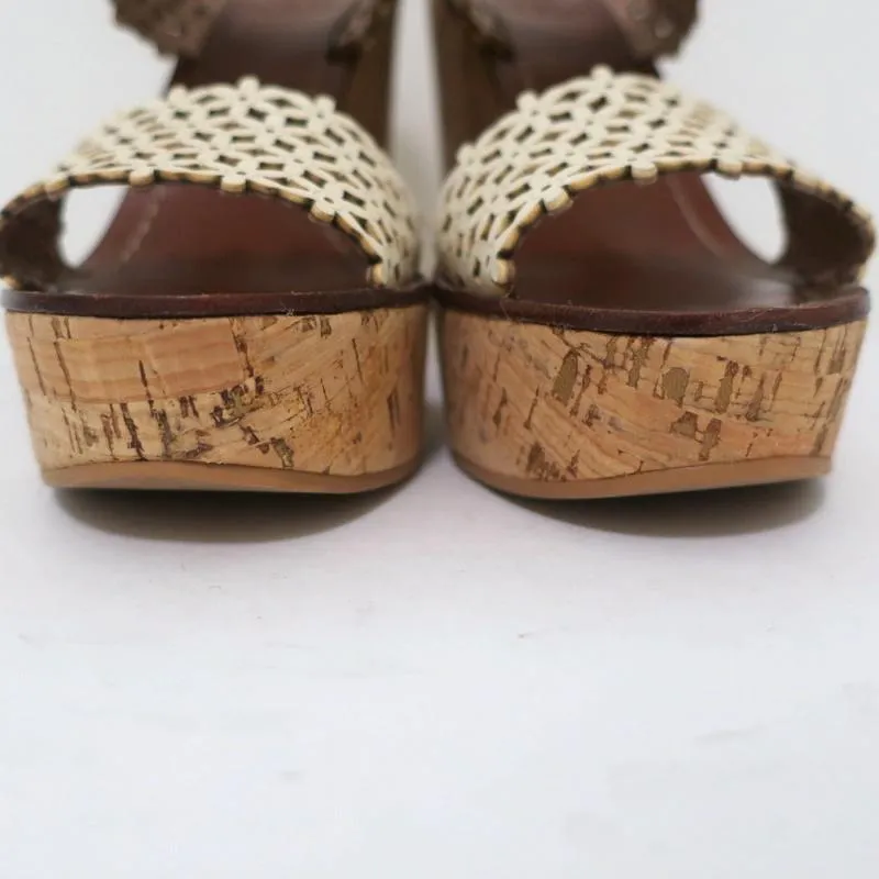 Tory Burch Cork Platform Wedge Sandals Cream Daisy Cutout Leather Size 6.5