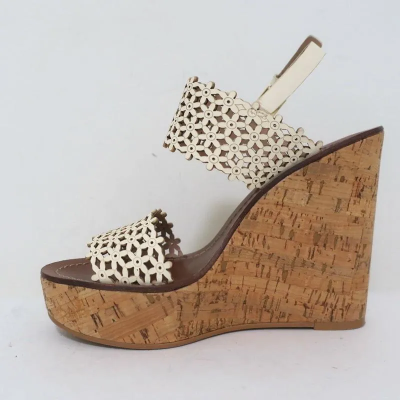 Tory Burch Cork Platform Wedge Sandals Cream Daisy Cutout Leather Size 6.5