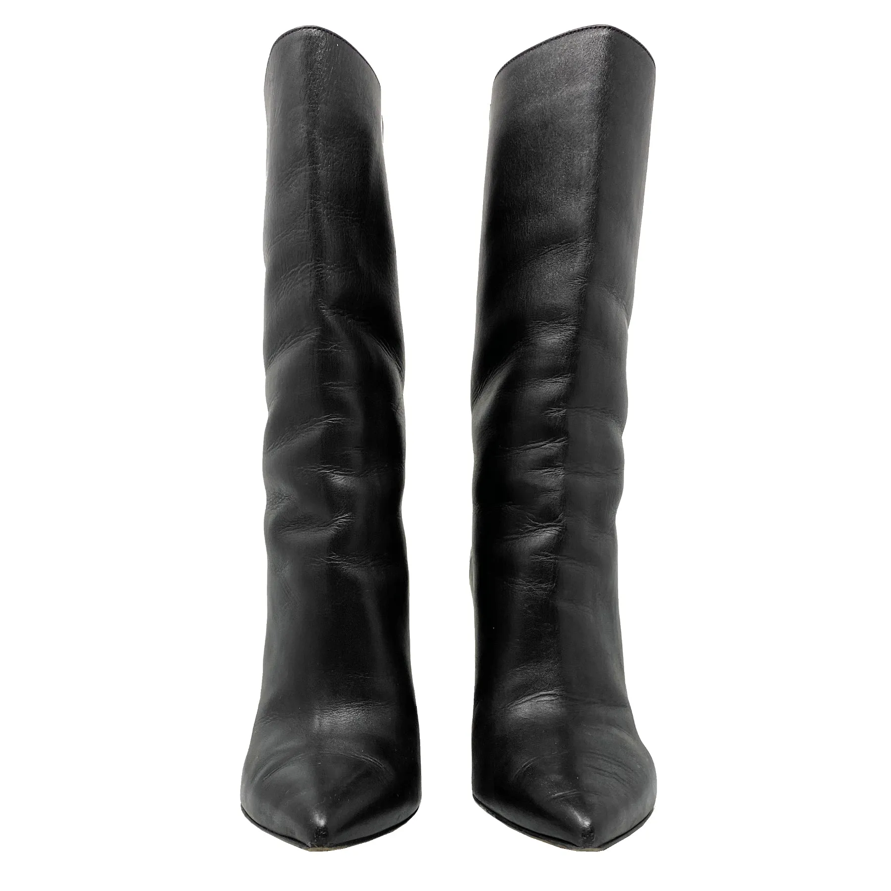 Valentino Black Leather Snakeskin Mid Calf Pointed Toe Block Heels Boots Size EU 37