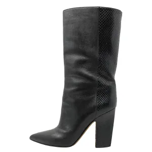 Valentino Black Leather Snakeskin Mid Calf Pointed Toe Block Heels Boots Size EU 37
