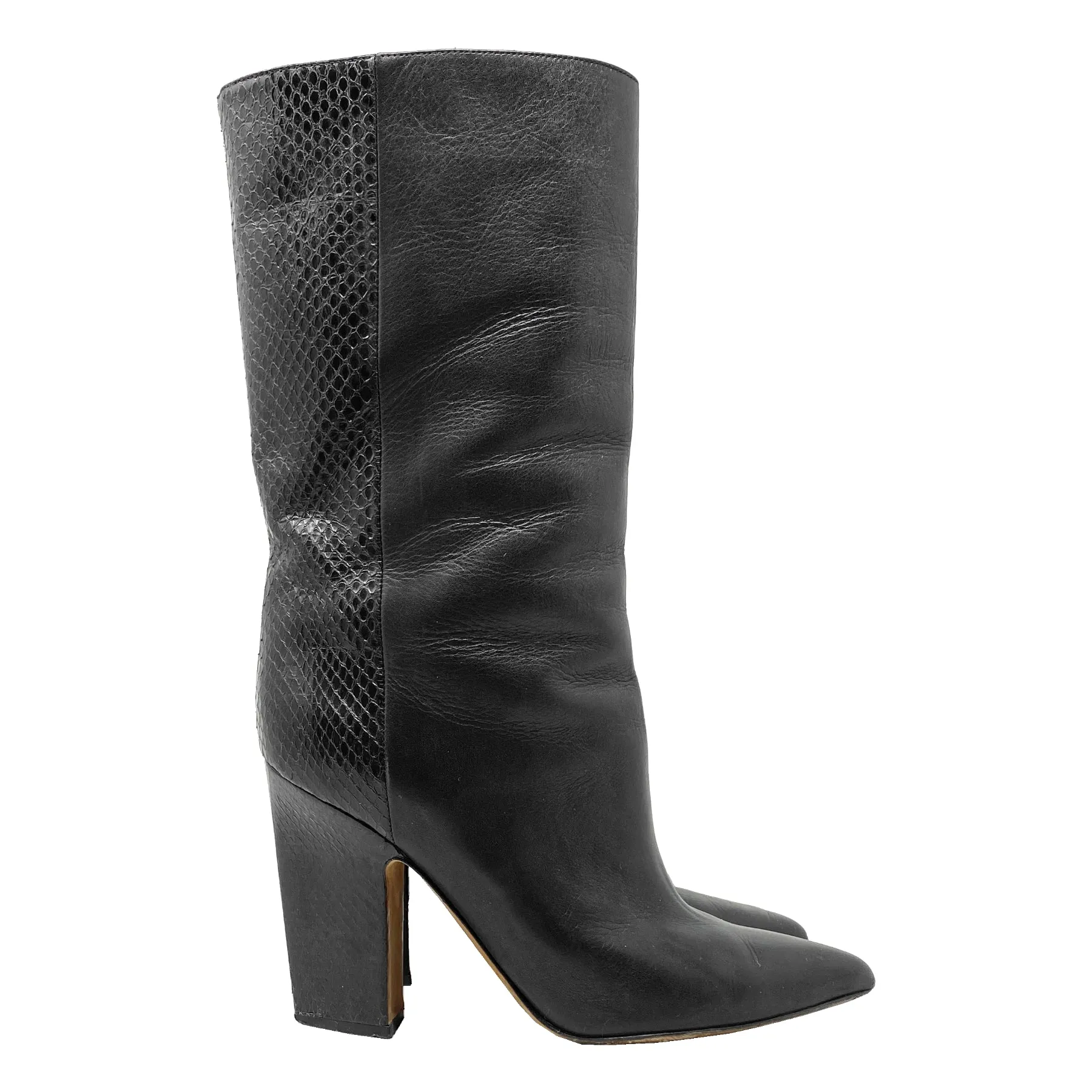 Valentino Black Leather Snakeskin Mid Calf Pointed Toe Block Heels Boots Size EU 37